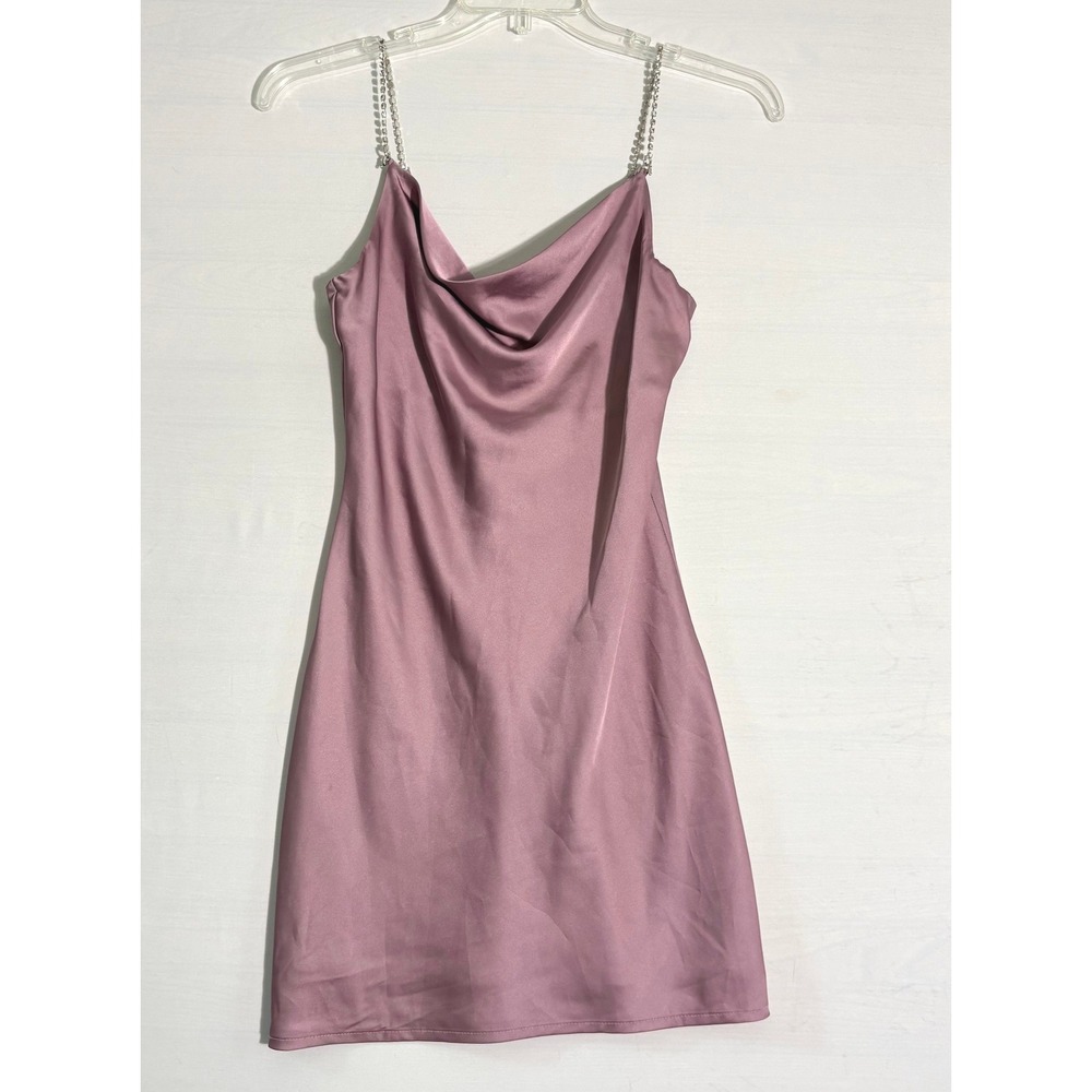 Mauve Satin Cowl Neck Slip Dress Rhinestone Chain Straps Mini Dress Pink Purple